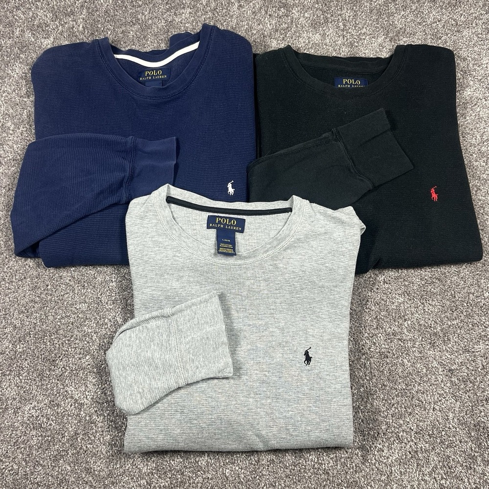LOT Polo Ralph Lauren Cotton Waffle Knit Thermal Shirt Men Large Gray Black Blue